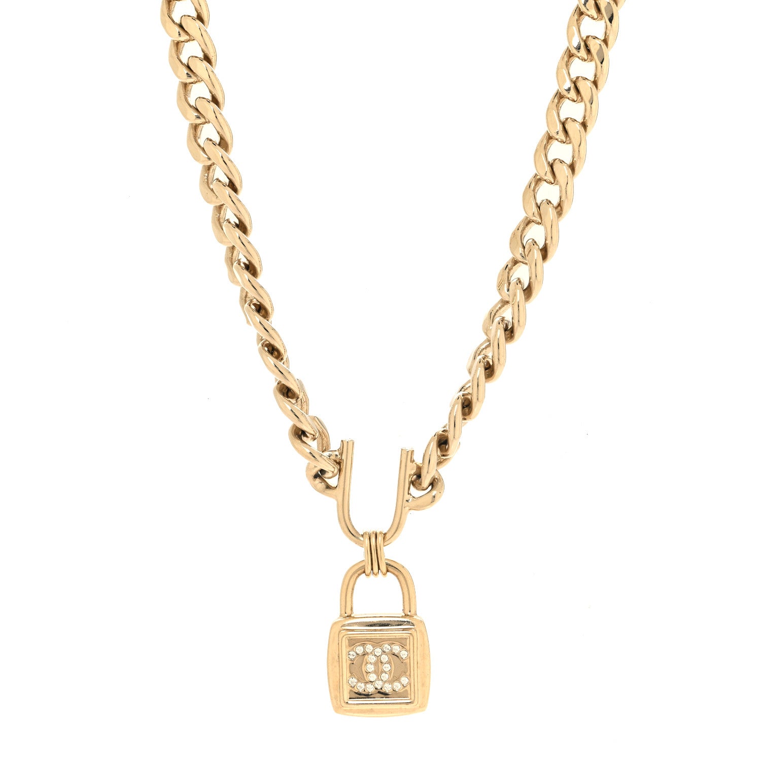 Chanel Metal Crystal CC Lock Choker Necklace Gold 1 of 7
