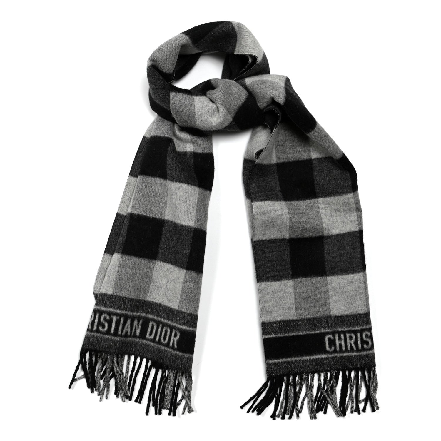 Christian Dior Wool Angora Check'n'Dior Fringe Scarf White Black 1 of 3