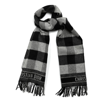 Christian Dior Wool Angora Check'n'Dior Fringe Scarf White Black 1 of 3