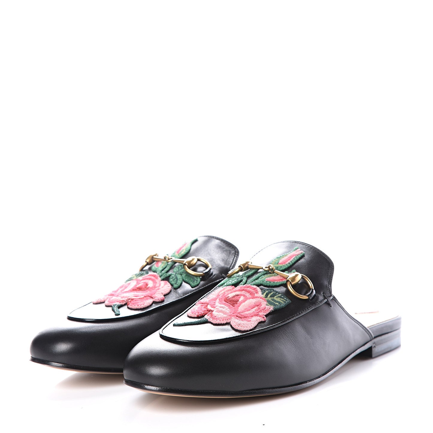 Calfskin Flower Embroidered Princetown Slippers 40 Black