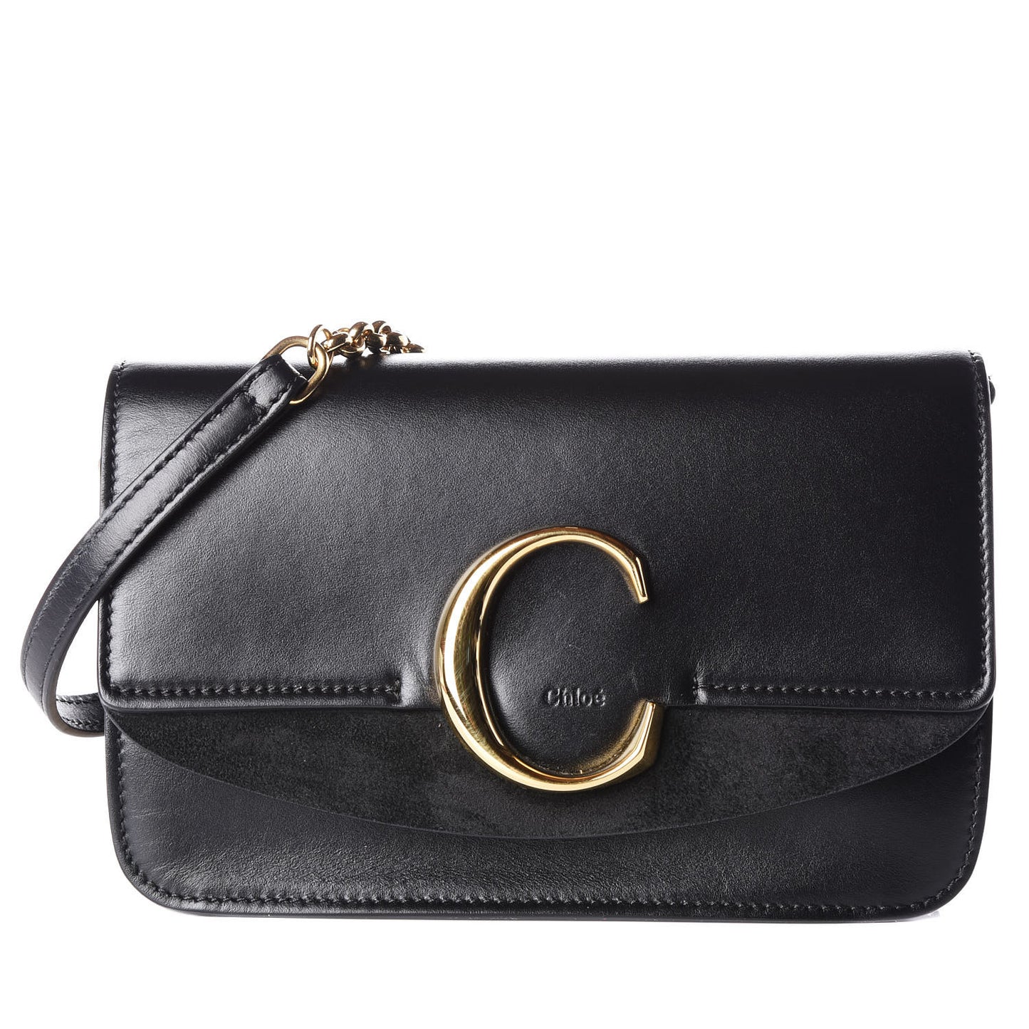 Calfskin Suede C Clutch With Chain Black