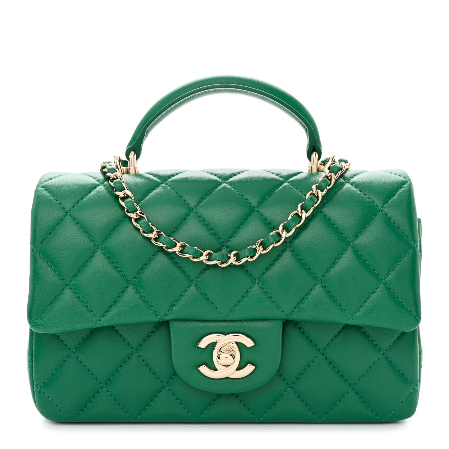 Lambskin Quilted Mini Top Handle Rectangular Flap Green