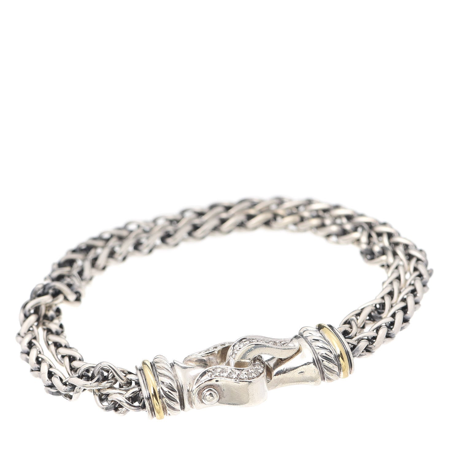 David Yurman Sterling Silver 18K Yellow Gold Diamond Double Wheat Buckle Bracelet 1 of 5