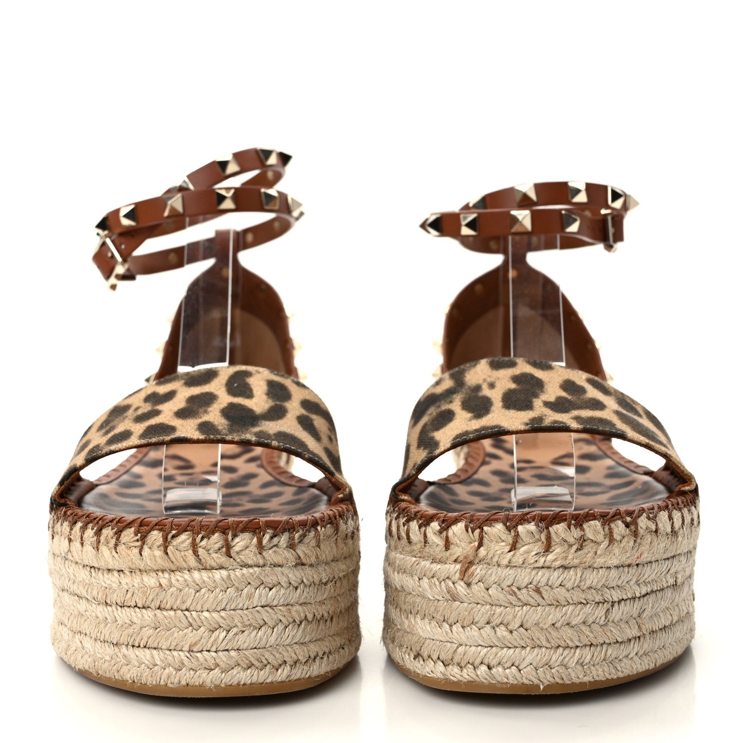 Canvas Leopard Print Rockstud Ankle Wrap Espadrille Flatform Sandals 40 Brown