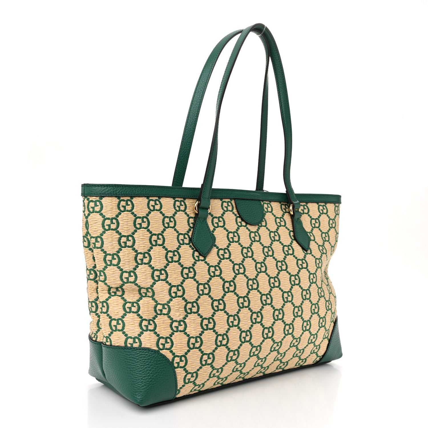 Gucci Straw Jacquard Dollar Calfskin GG Monogram Medium Ophidia Shopping Tote Natural Emerald 3 of 10