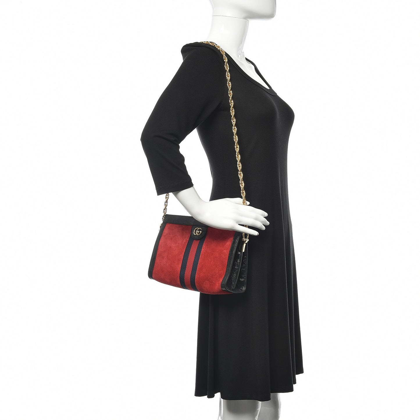 Suede Patent Web Small Ophidia Chain Shoulder Bag Hibiscus Red Black