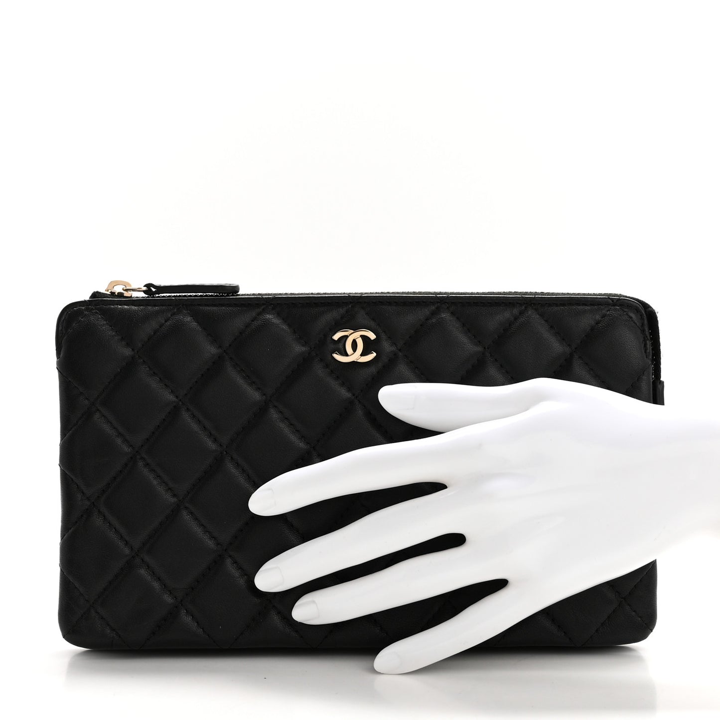 Lambskin Quilted Large Zipped Clutch Black