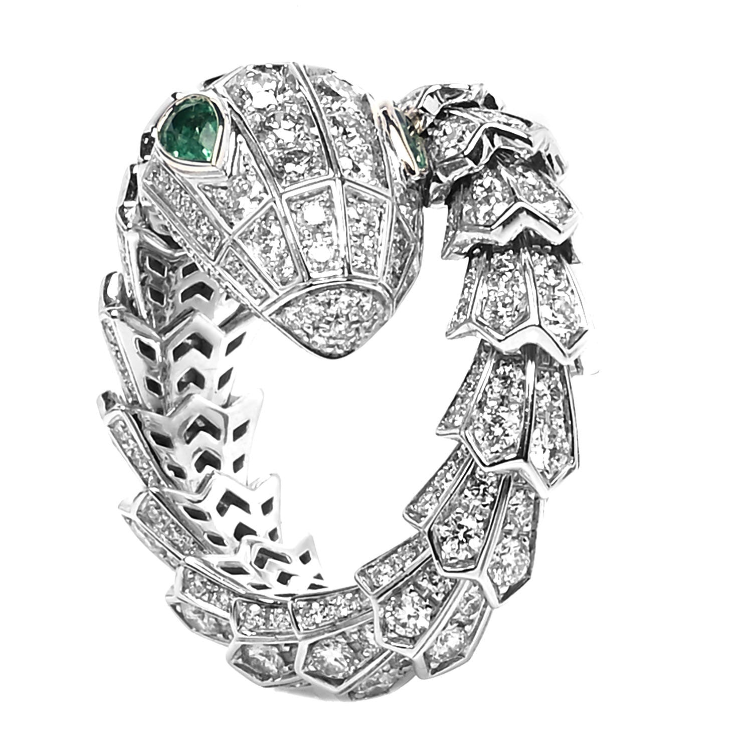 Bulgari 18K White Gold Diamond Emerald Serpenti Pave Ring 55 7.25 3 of 6