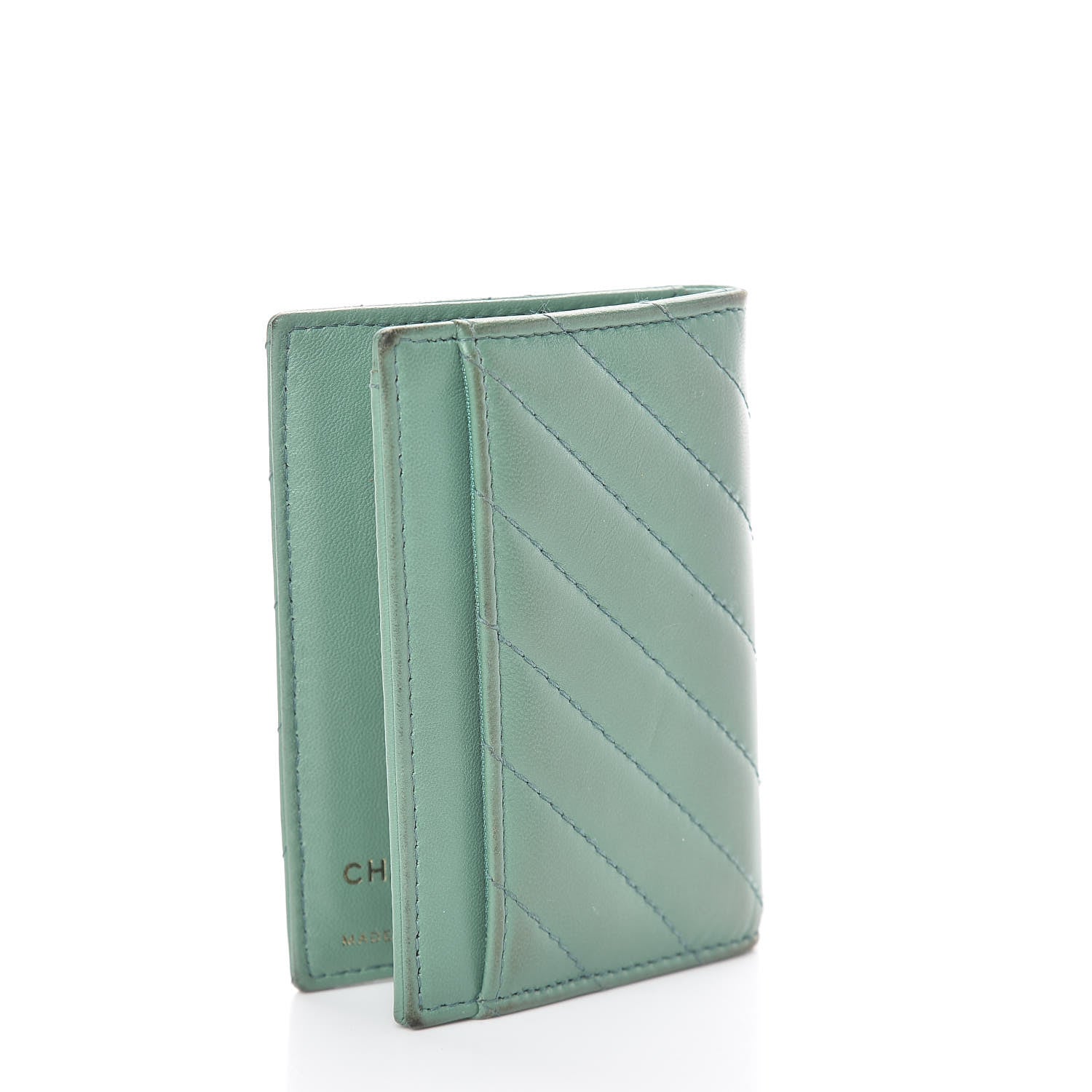 Chanel Lambskin Chevron Quilted Card Holder Wallet Green 3 of 17