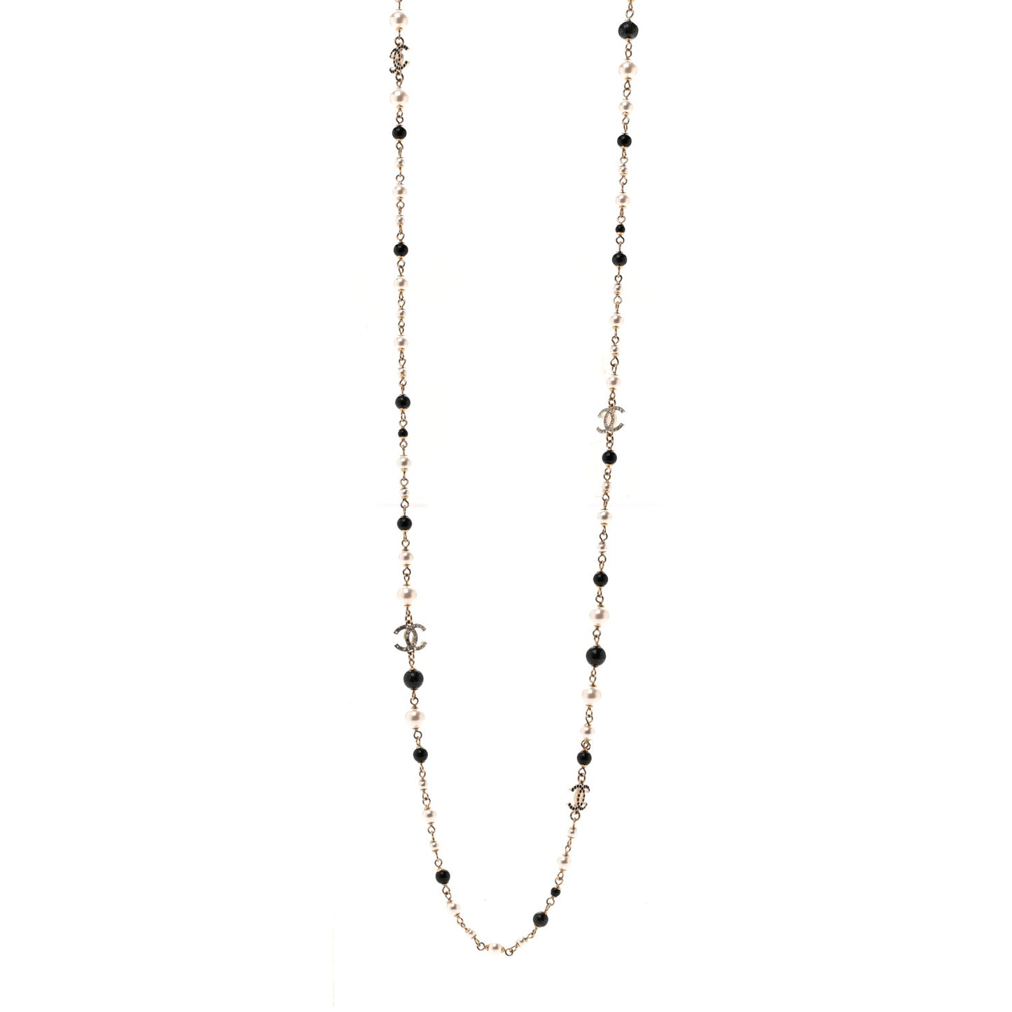 Pearl Bead Crystal CC Long Necklace Black Gold