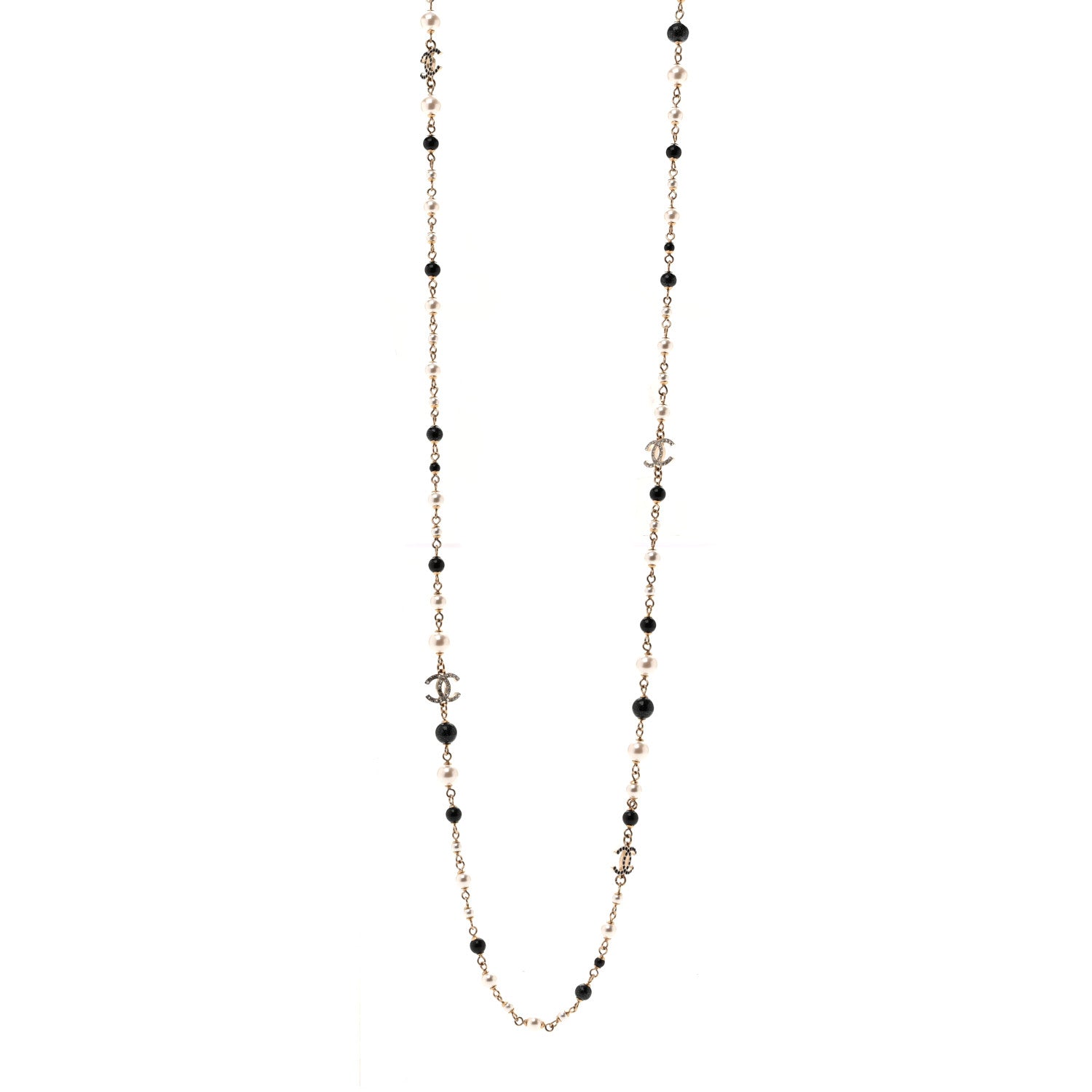 Chanel Pearl Bead Crystal CC Long Necklace Black Gold 1 of 6