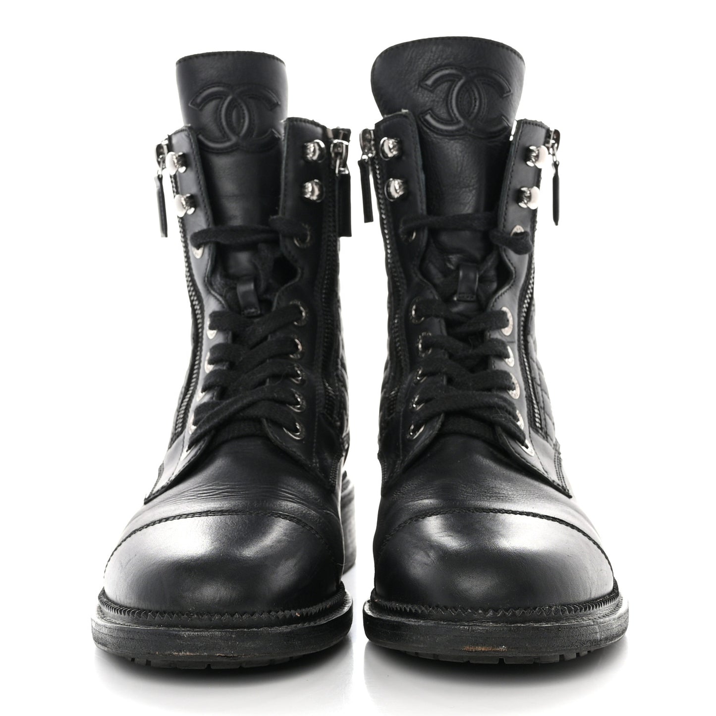 Shiny Goatskin Calfskin Quilted Lace Up Combat Boots 40 Black