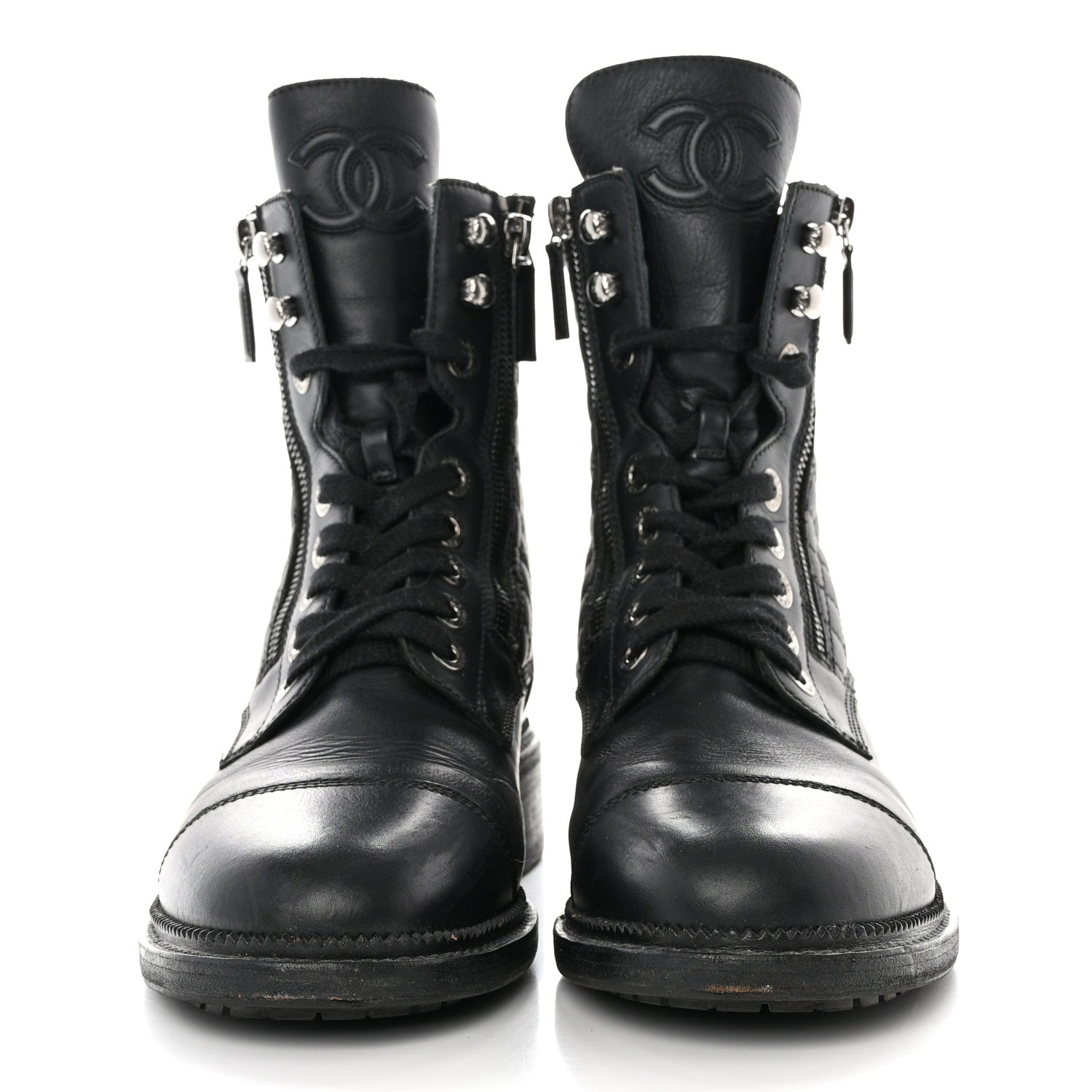 Chanel Shiny Goatskin Calfskin Quilted Lace Up Combat Boots 40 Black 2 of 12