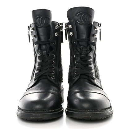 Chanel Shiny Goatskin Calfskin Quilted Lace Up Combat Boots 40 Black 2 of 12