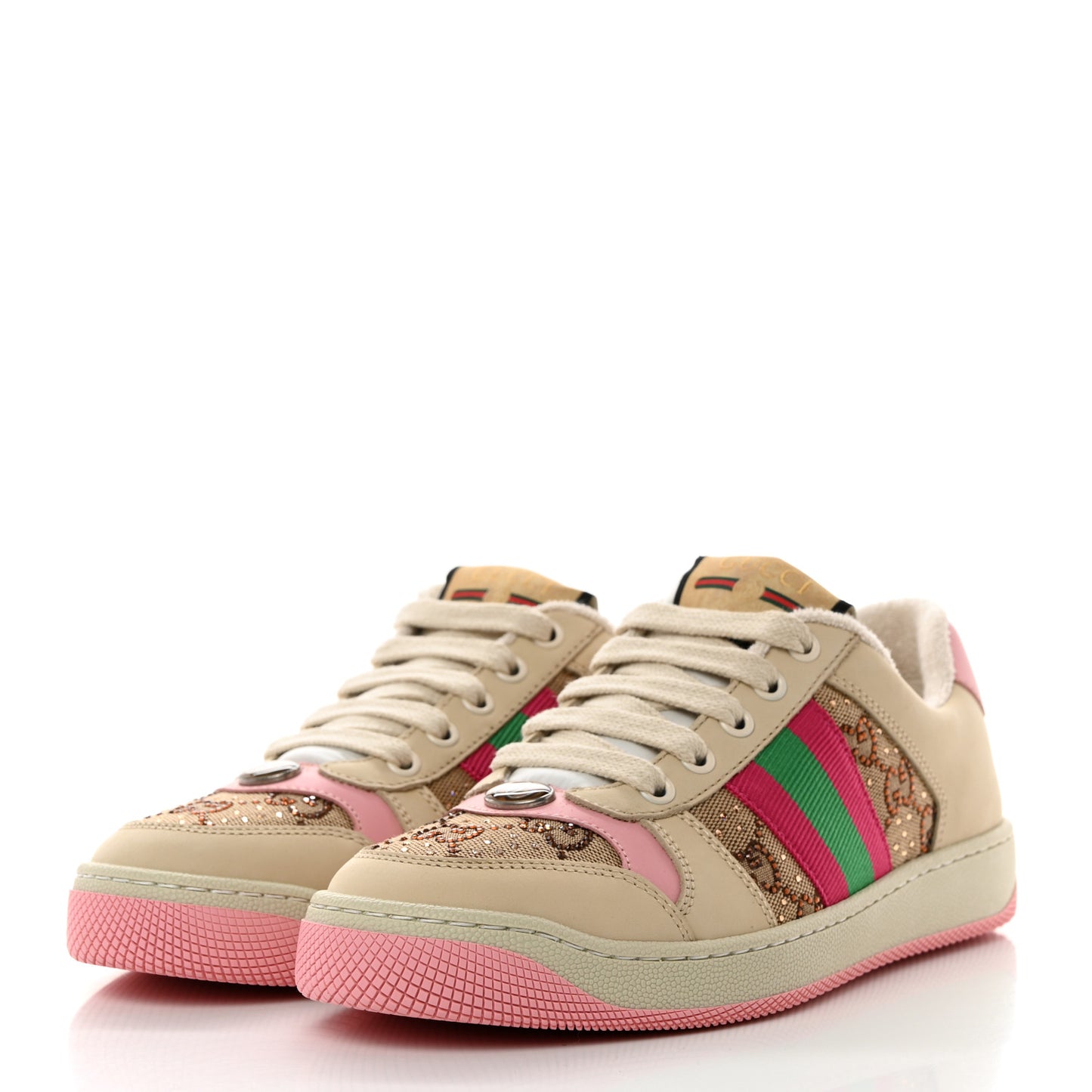 Calfskin GG Supreme Crystals Web Screener Sneakers 36 Beige Ebony Wild Rose