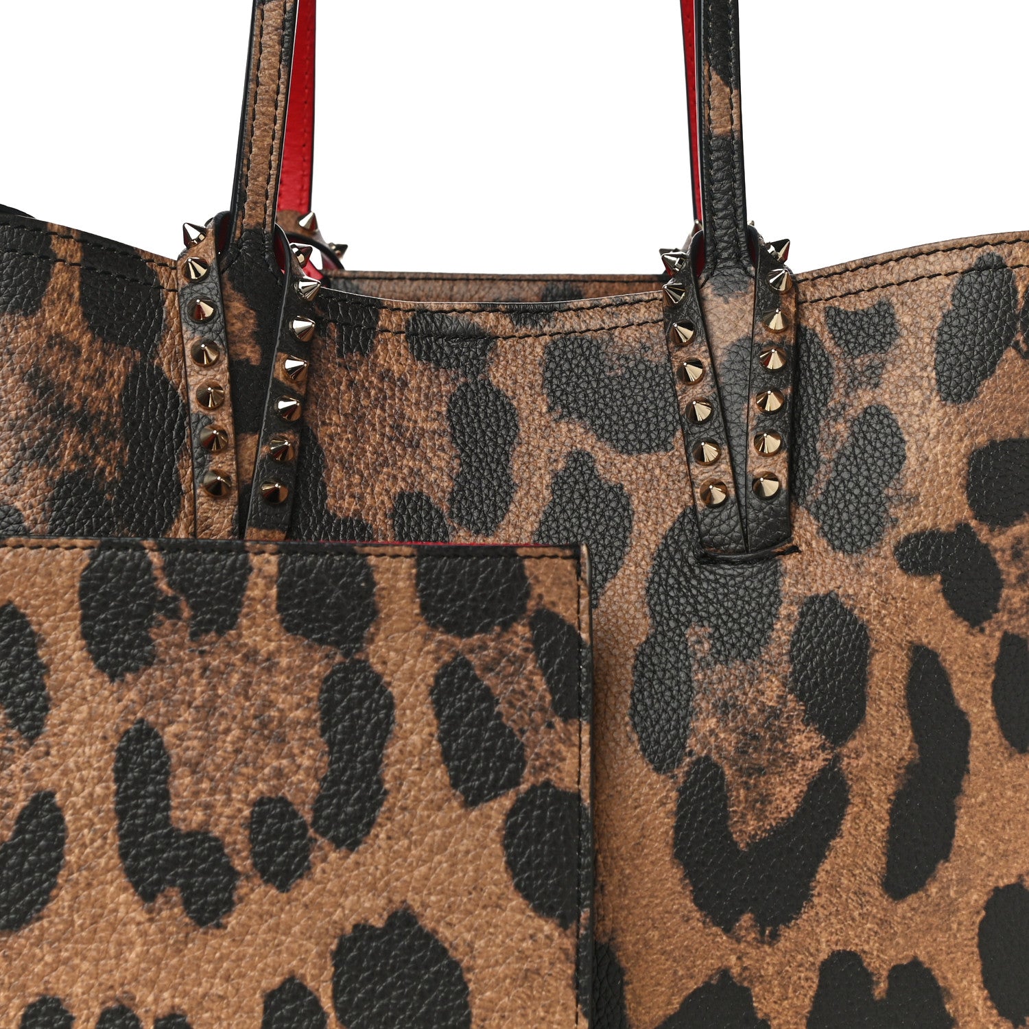 Christian Louboutin Calfskin Leopard Print Spikes East West Cabata Tote Brown 8 of 10