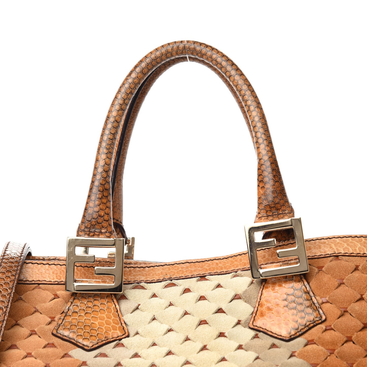 Suede Calfskin Water Snake Twins Tote Brown