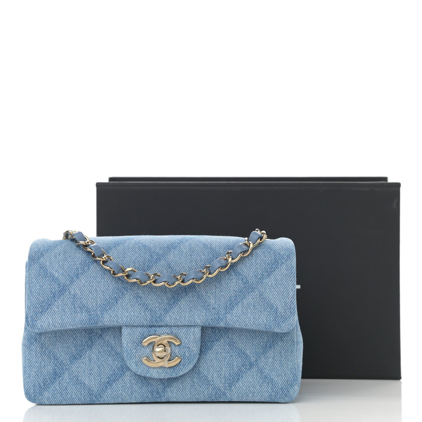 Printed Denim Quilted Mini Rectangular Flap Light Blue