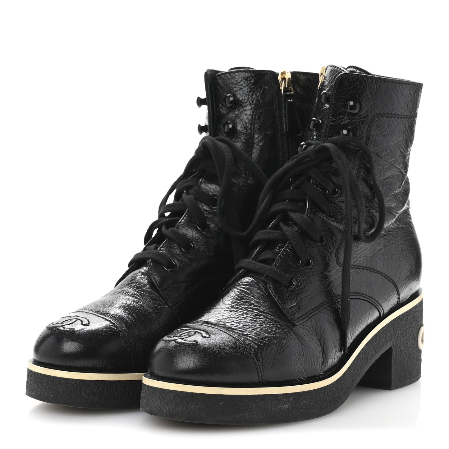 Shiny Crumpled Lambskin Lace Up Combat Boots 36.5 Black
