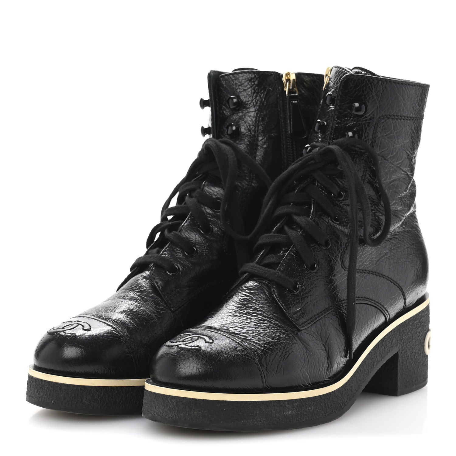 Chanel Shiny Crumpled Lambskin Lace Up Combat Boots 36.5 Black 4 of 10