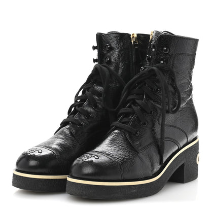 Chanel Shiny Crumpled Lambskin Lace Up Combat Boots 36.5 Black 4 of 10