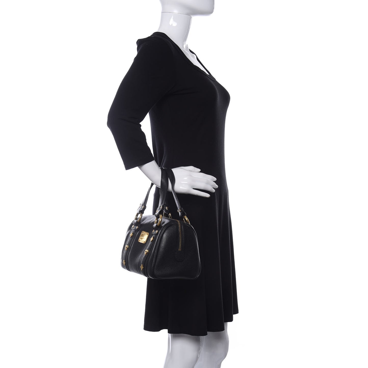 Grained Calfskin Studded Boston Bag Black