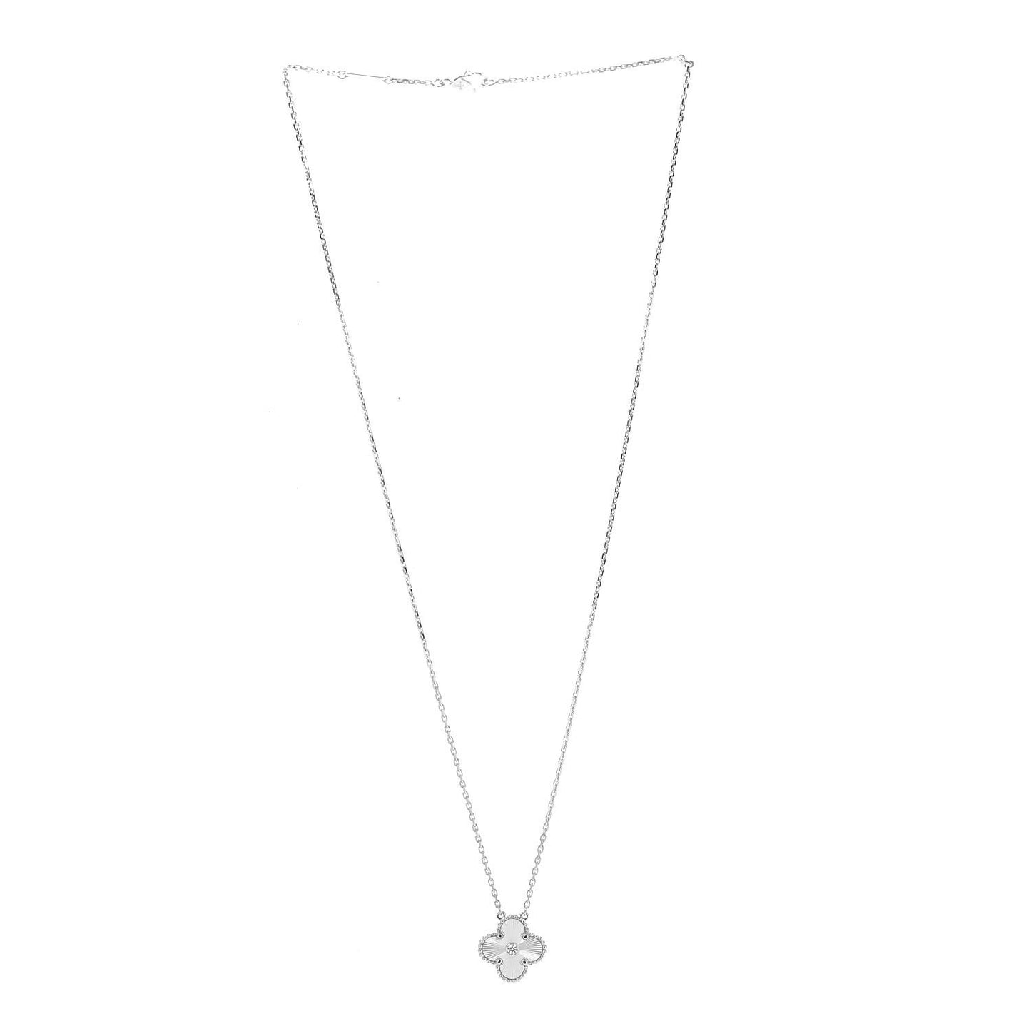 18K White Gold Diamond Guilloche Vintage Alhambra Pendant Necklace
