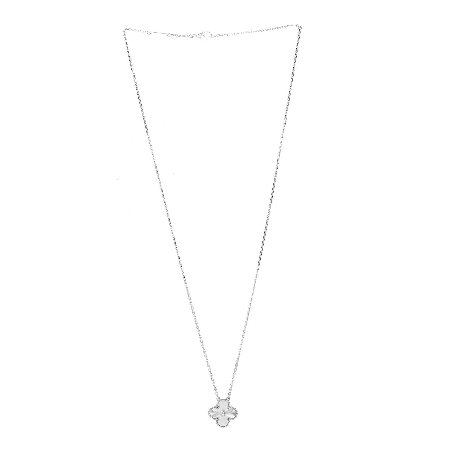 Van Cleef & Arpels 18K White Gold Diamond Guilloche Vintage Alhambra Pendant Necklace 3 of 6
