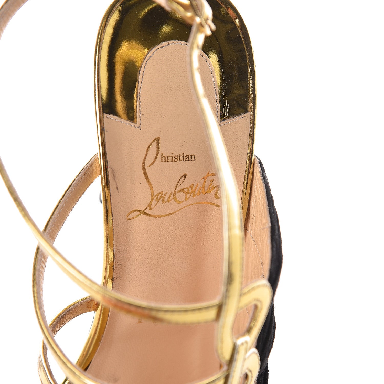 Christian Louboutin Specchio Veau Velours Tina Cage 100 Ankle Strap Sandals 38.5 Gold Black 5 of 10