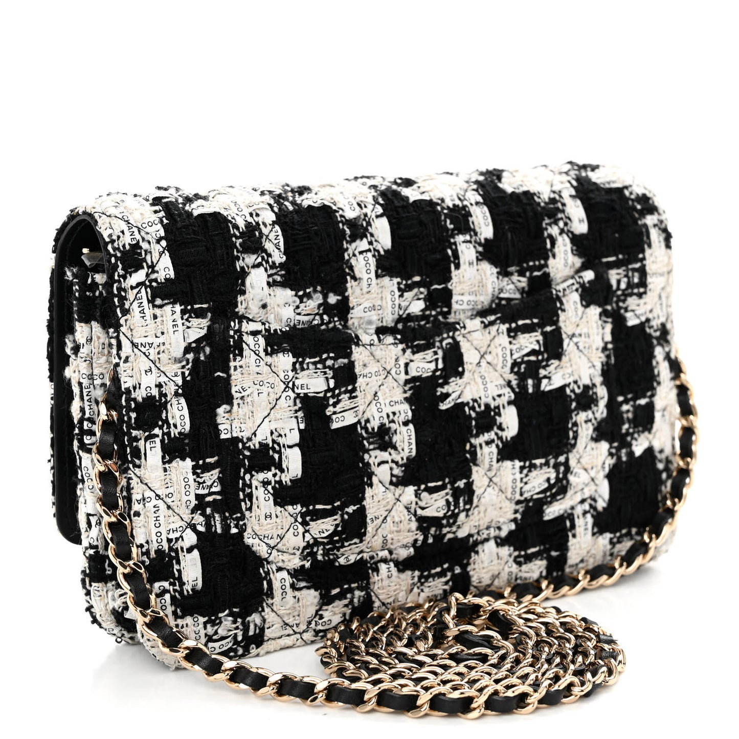 Tweed Quilted Wallet On Chain WOC Black Ecru White
