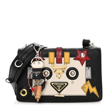 Prada Grained Calfskin Saffiano Robot Shoulder Bag Black White 1 of 11