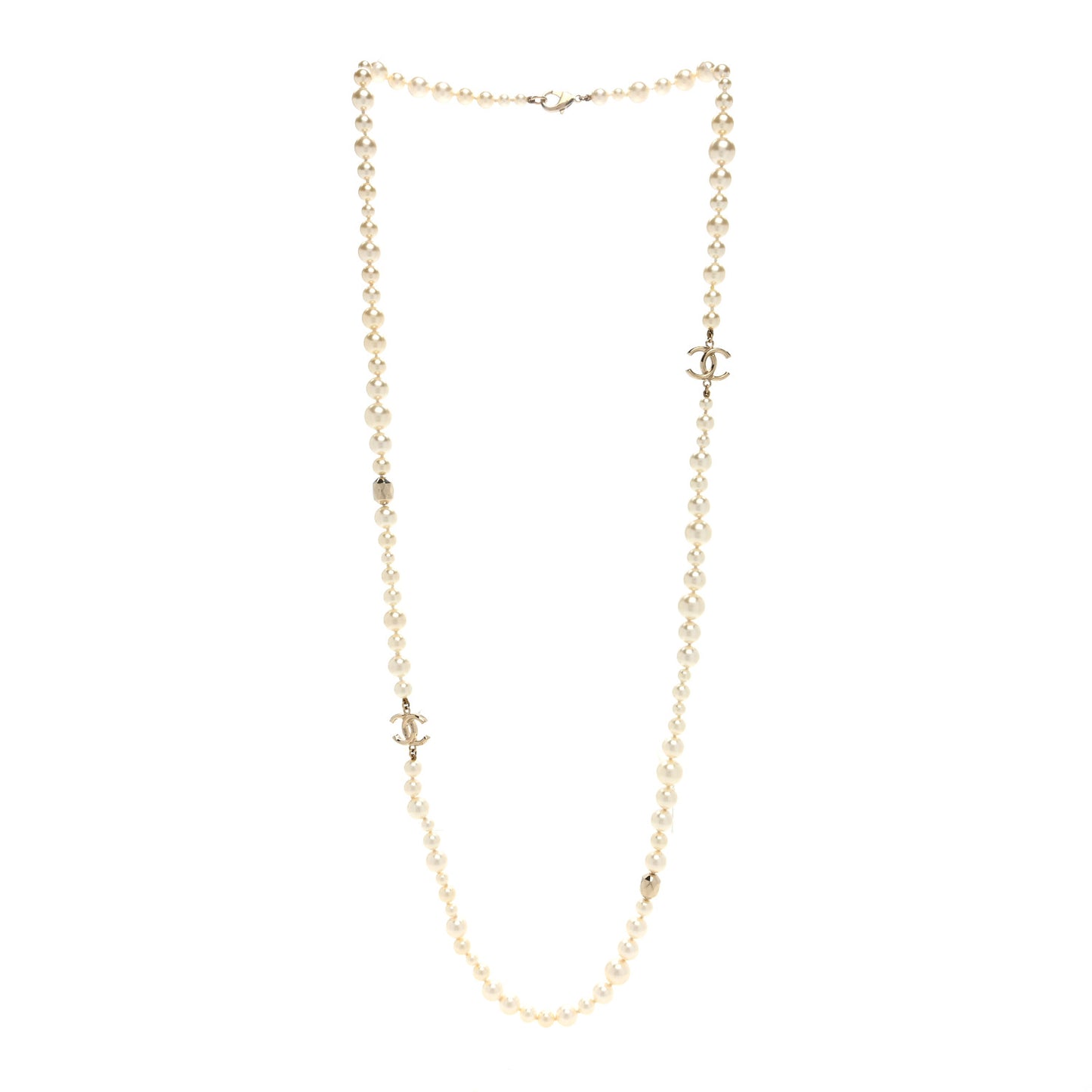 Resin Pearl Metal CC Long Necklace Golden Pearly Beige