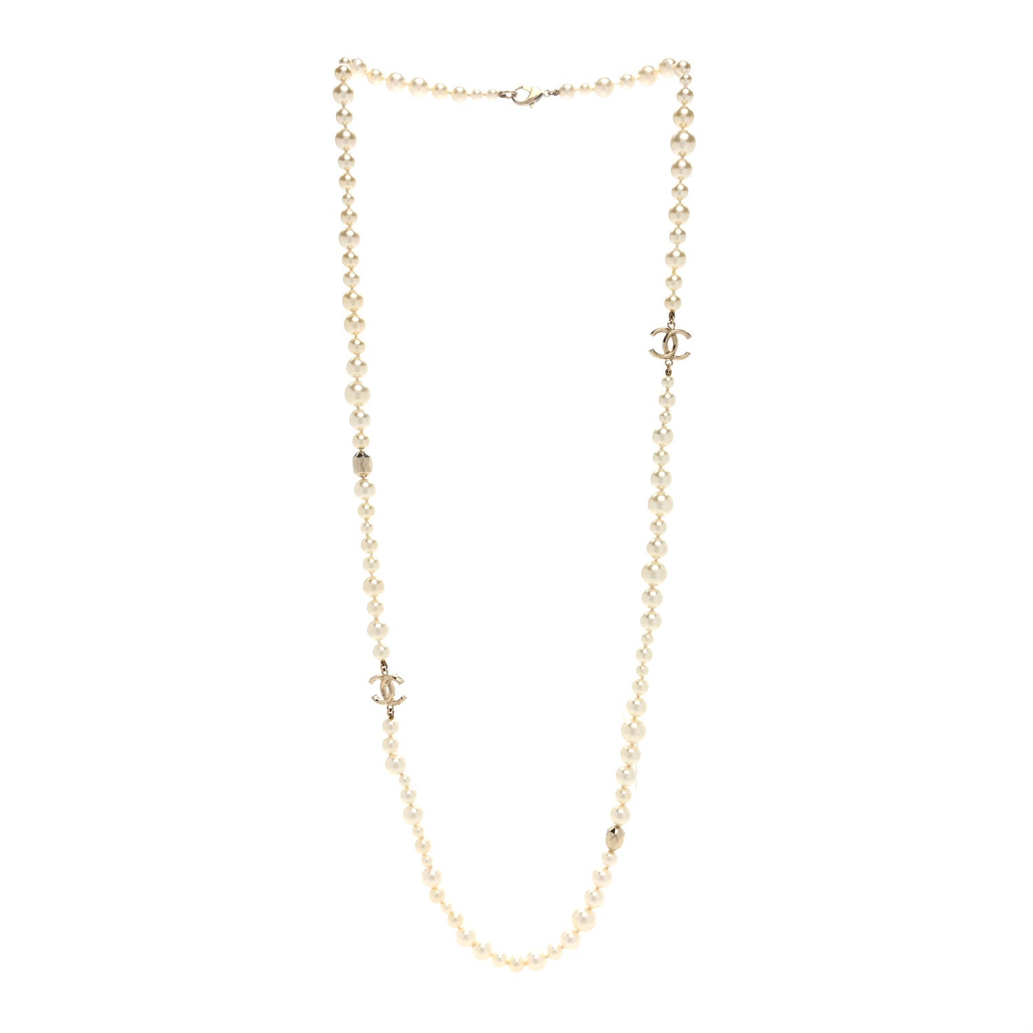 Chanel Resin Pearl Metal CC Long Necklace Golden Pearly Beige 3 of 4
