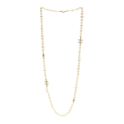 Chanel Resin Pearl Metal CC Long Necklace Golden Pearly Beige 3 of 4