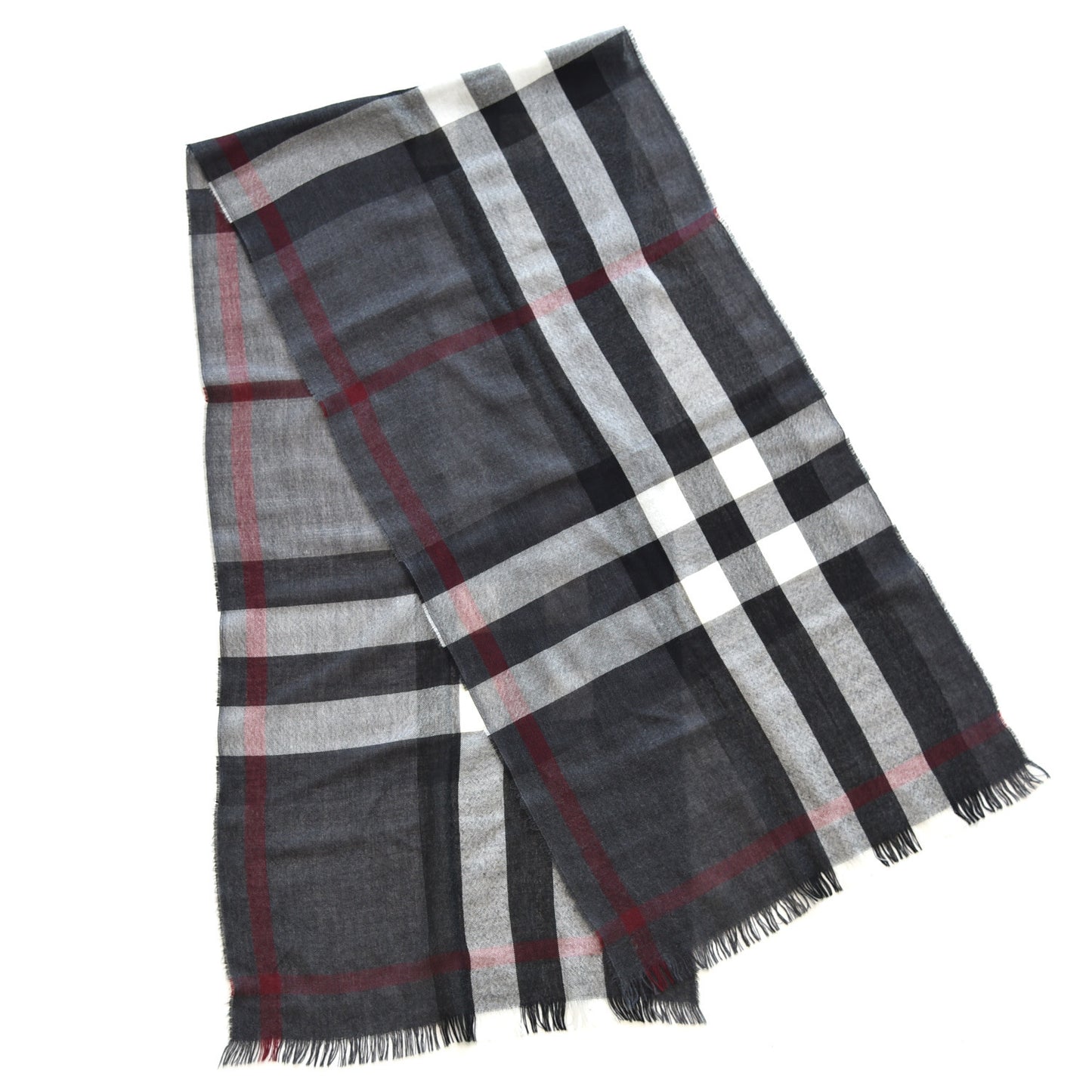 Wool Silk Gauze Lightweight Check Scarf Grey