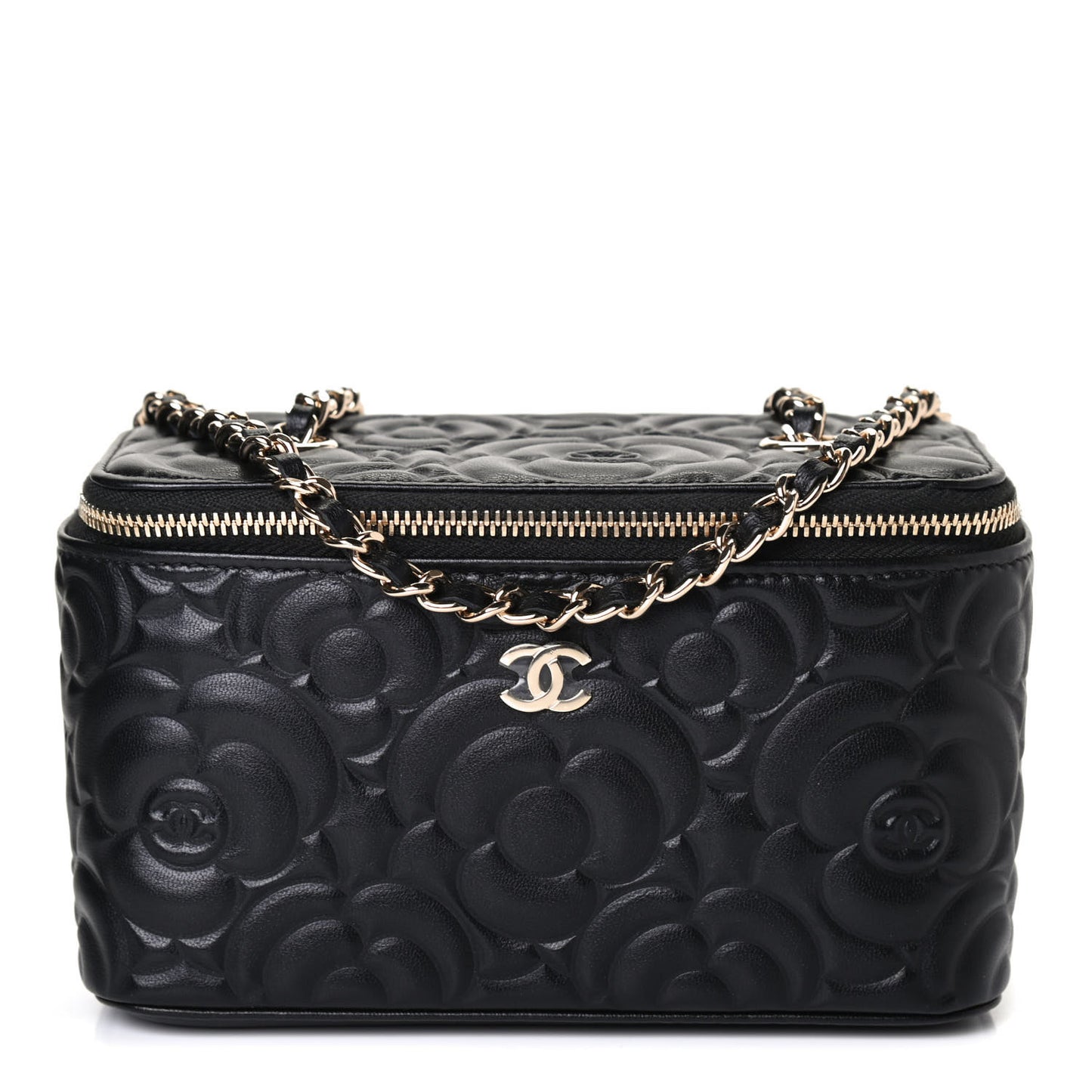 Lambskin Camellia Embossed Small Vanity Case With Chain Black