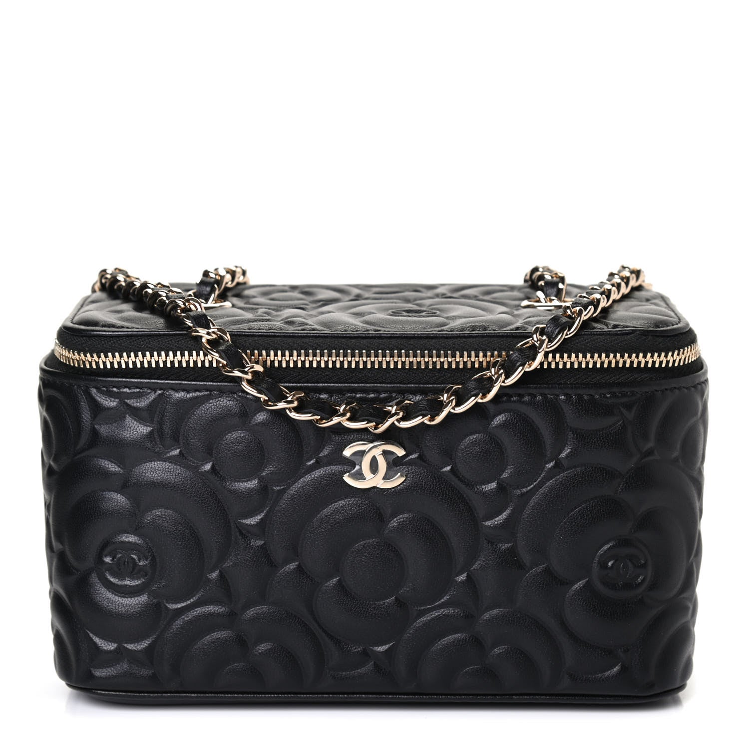 Chanel Lambskin Camellia Embossed Small Vanity Case With Chain Black 1 of 4