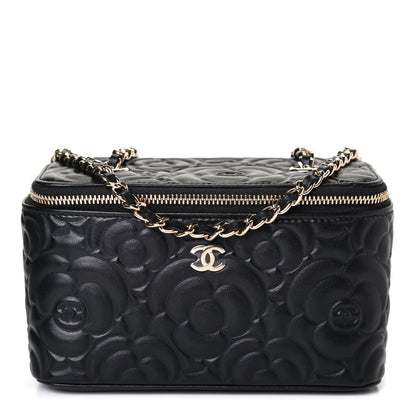 Chanel Lambskin Camellia Embossed Small Vanity Case With Chain Black 1 of 4