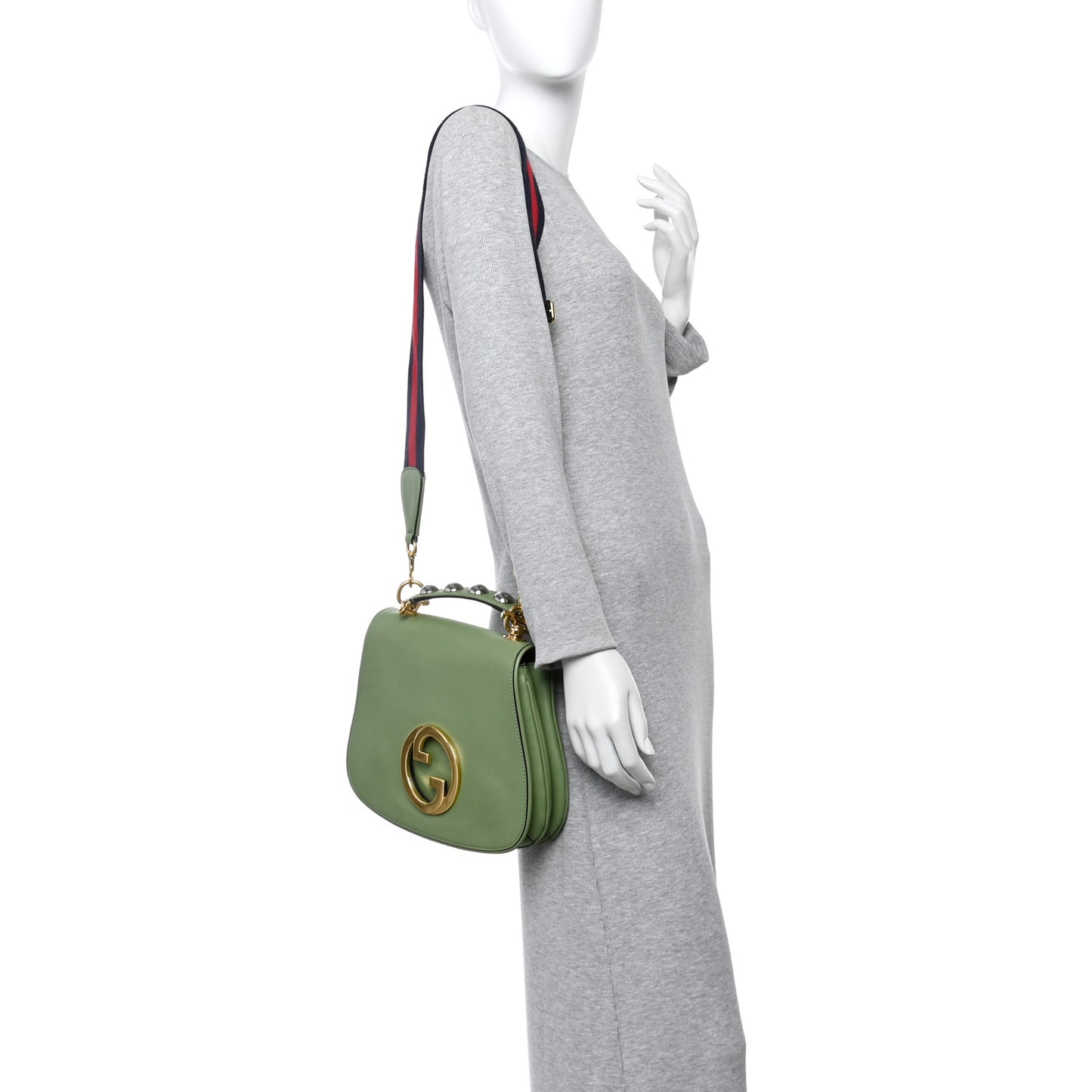 Roxy Calfskin Web Medium Blondie Top Handle Shoulder Flap Bag Salamander Green