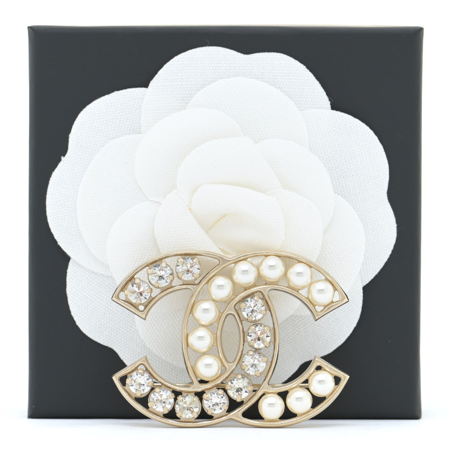 Chanel Pearl Crystal CC Brooch Gold Pearly White 5 of 5
