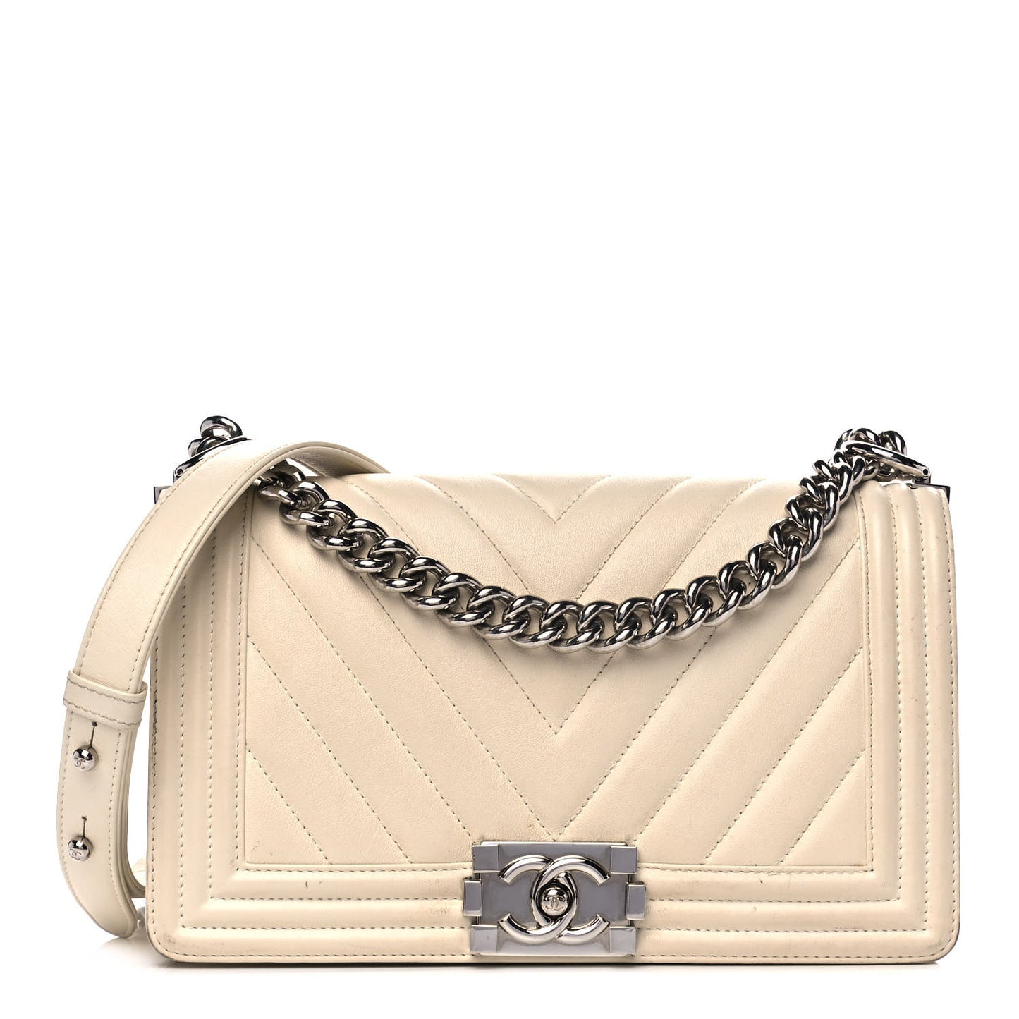 Calfskin Chevron Quilted Medium Boy Flap White