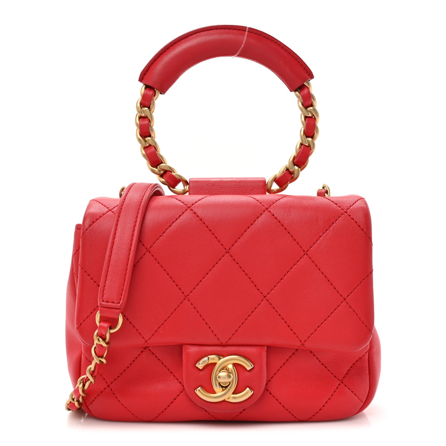 Lambskin Quilted Small Circular Handle Bag Brilliant Rouge