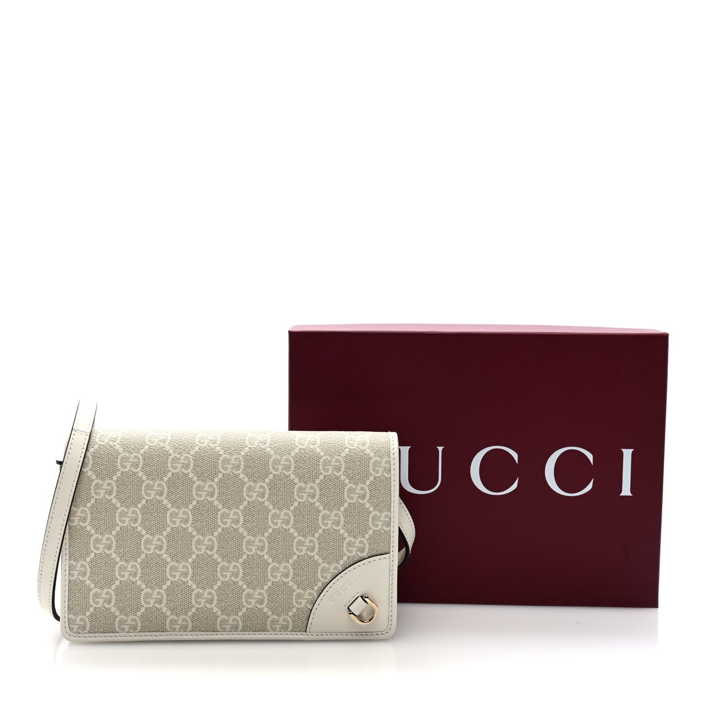 GG Emblem Monogram Wallet With Strap Beige White