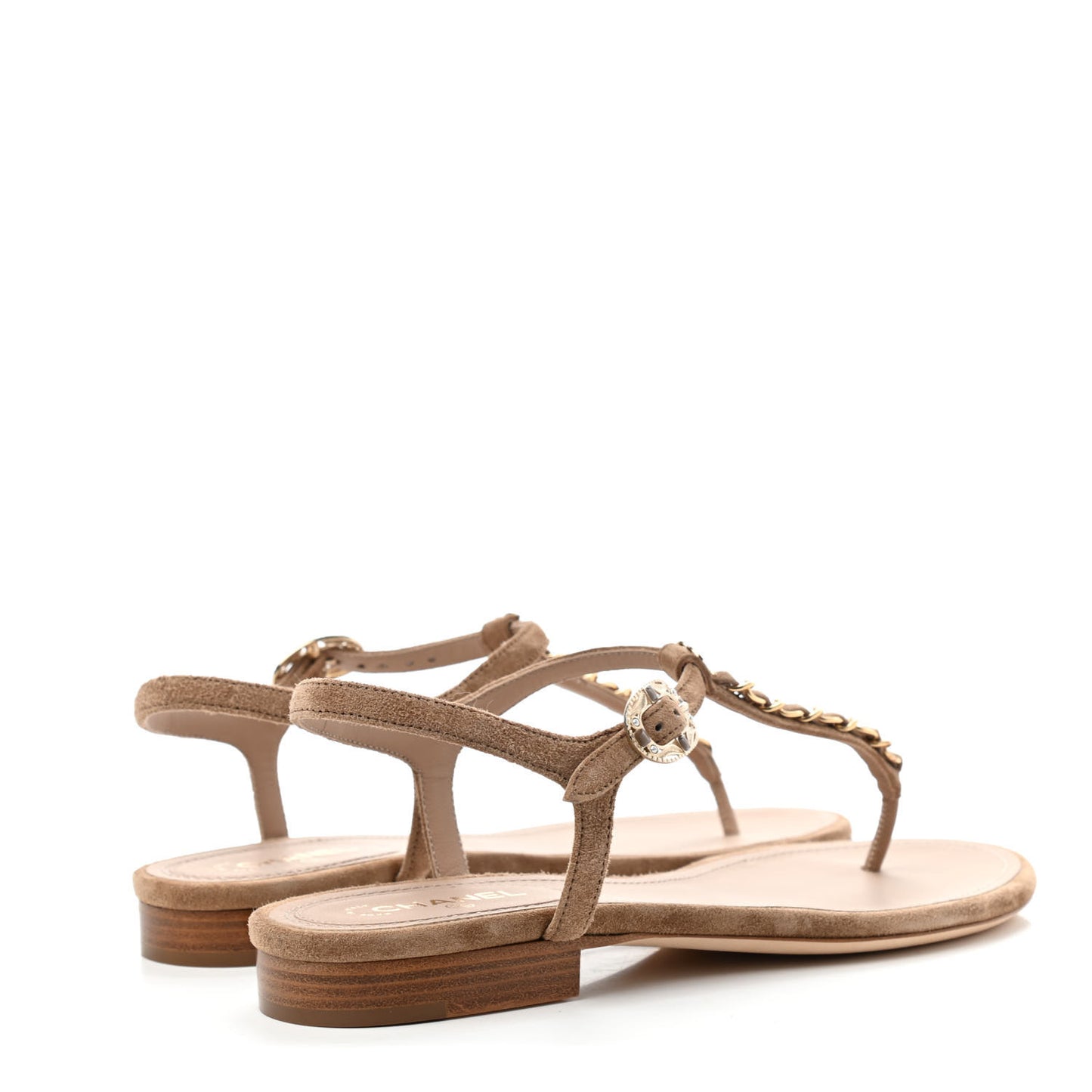 Suede Calfskin Chain Thong Sandals 36 Beige