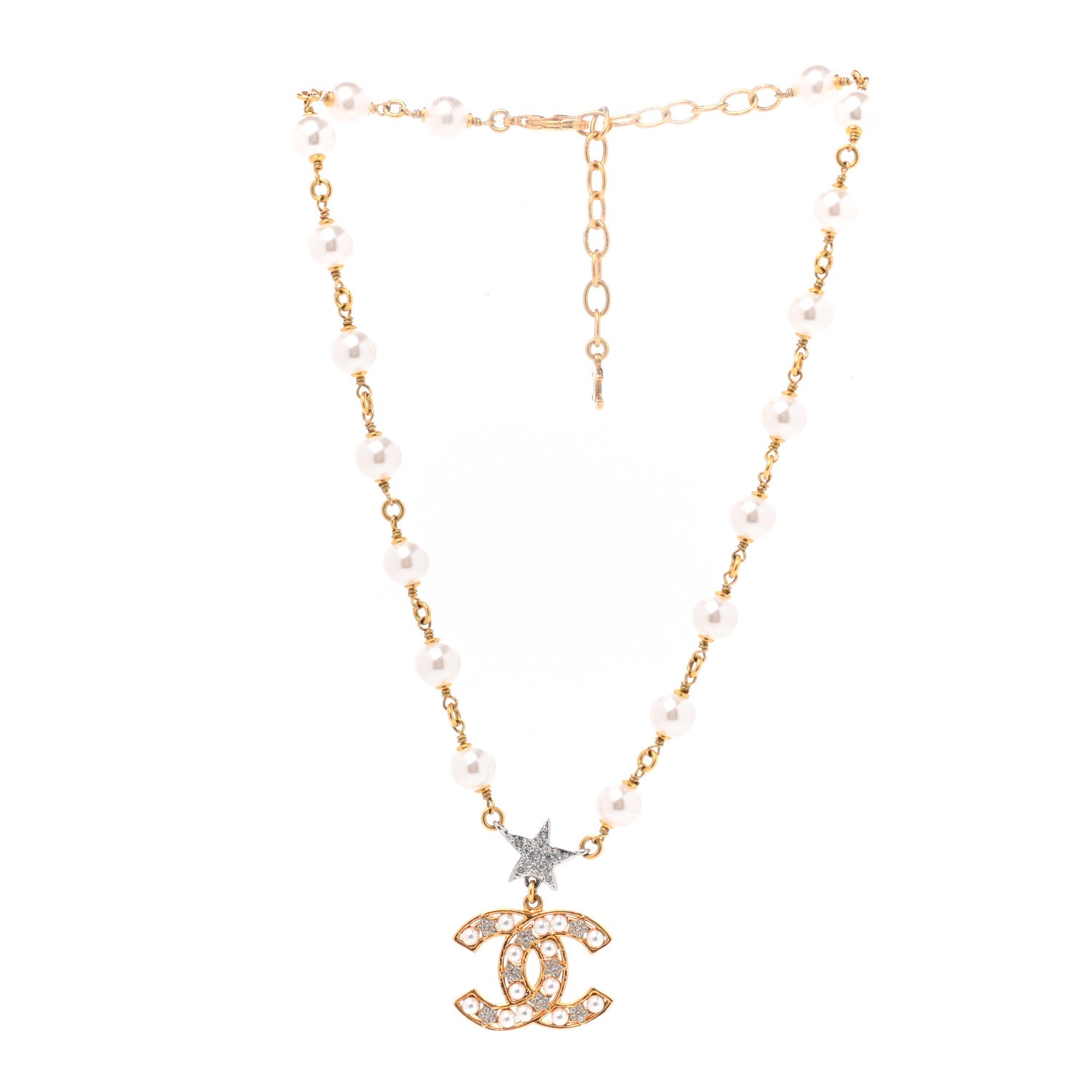 Chanel Metal Pearl Crystal CC Star Necklace Gold 3 of 6
