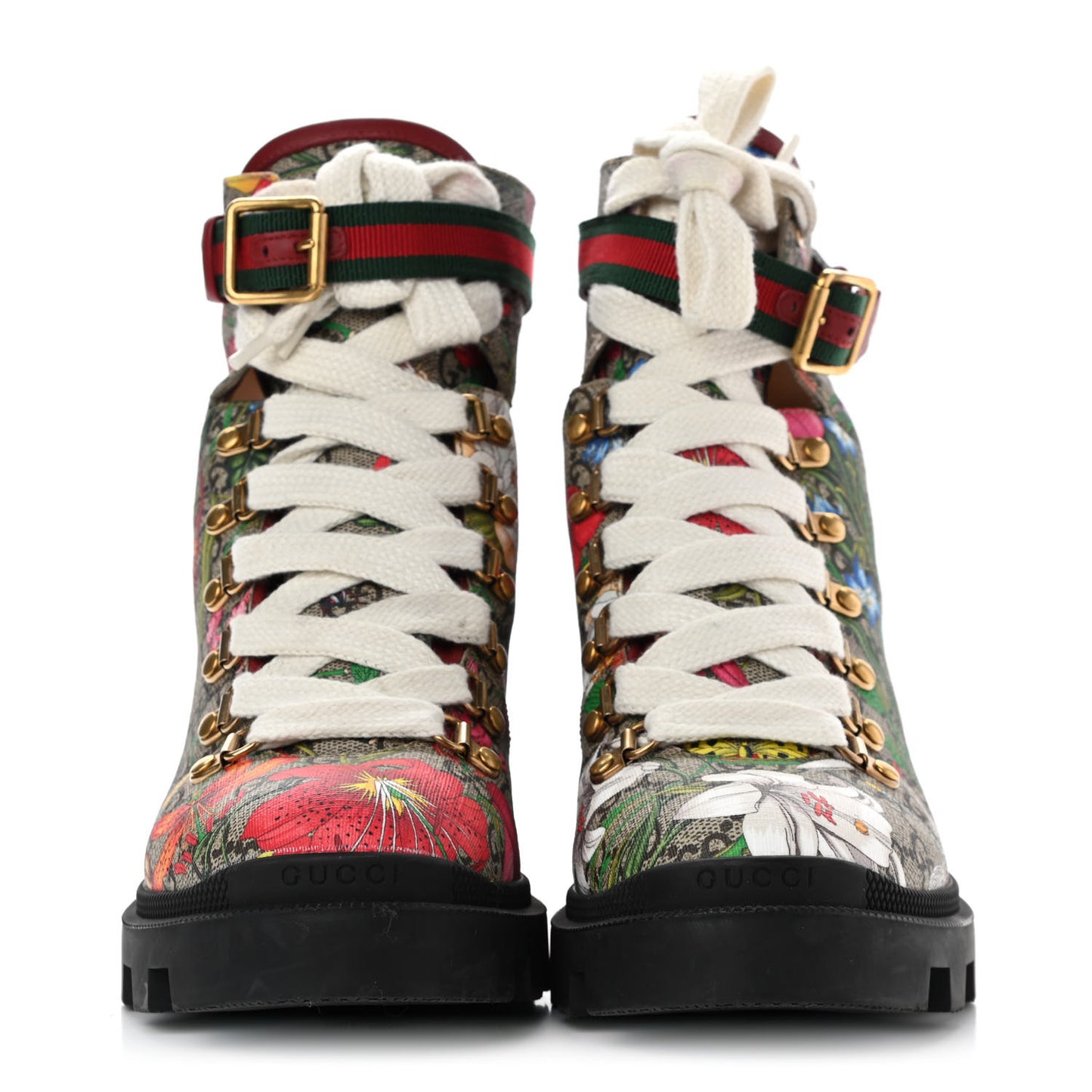 GG Supreme Monogram Flora Lace Up Combat Ankle Boots 39.5 Beige Multicolor Red