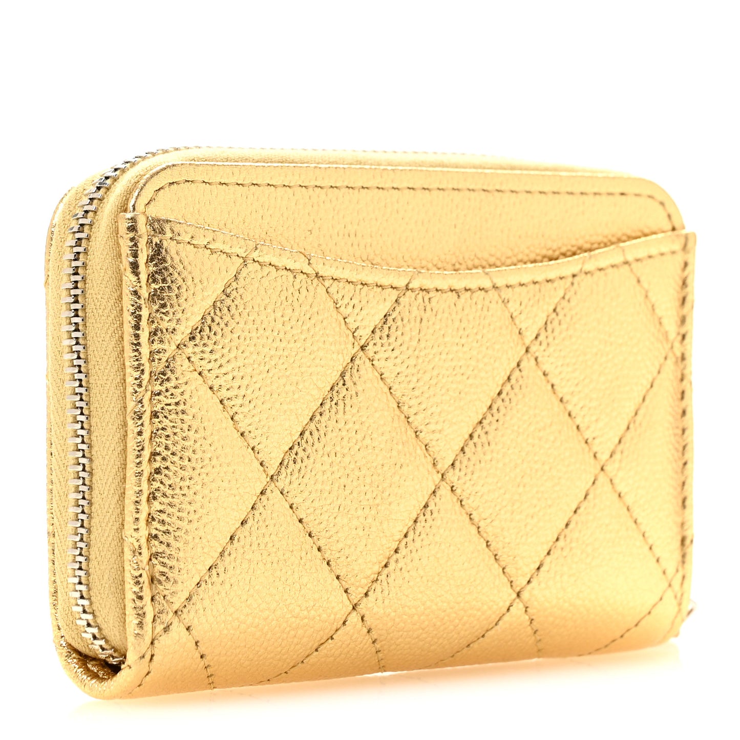 Metallic Caviar Quilted Zip Coin Purse Gold