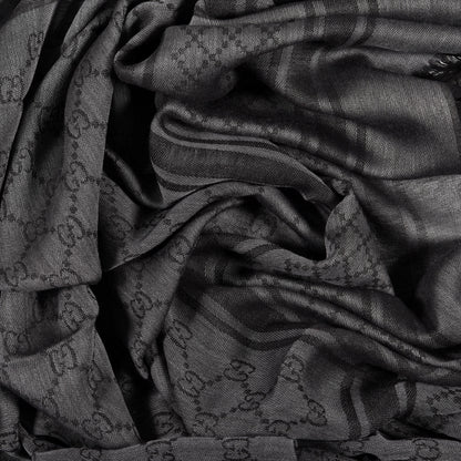 Gucci Wool Silk GG Monogram Diamante Plaid Cavendish Square Shawl Black Grey 3 of 4