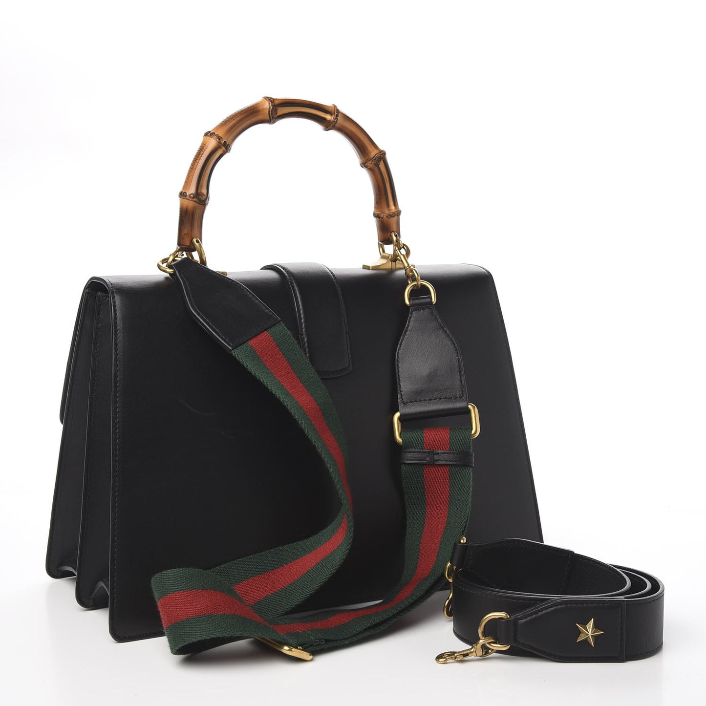 Calfskin Bamboo Web Large Dionysus Top Handle Bag Black Bright Evergreen Hibiscus Red