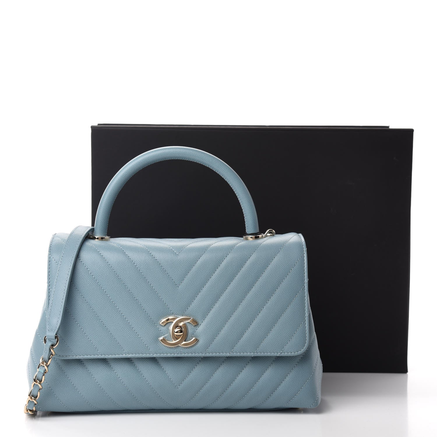 Chanel Caviar Chevron Quilted Small Coco Handle Flap Blue 11 of 11
